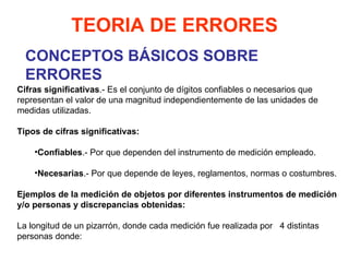 CONCEPTOS BÁSICOS SOBRE ERRORES TEORIA DE ERRORES Cifras significativas .- Es el conjunto de dígitos confiables o necesarios que representan el valor de una magnitud independientemente de las unidades de medidas utilizadas.   Tipos de cifras significativas:   Confiables .- Por que dependen del instrumento de medición empleado. Necesarias .- Por que depende de leyes, reglamentos, normas o costumbres.   Ejemplos de la medición de objetos por diferentes instrumentos de medición y/o personas y discrepancias obtenidas: La longitud de un pizarrón, donde cada medición fue realizada por  4 distintas personas donde: 