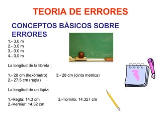 CONCEPTOS BÁSICOS SOBRE ERRORES TEORIA DE ERRORES 1.- 3.0 m 2.- 3.0 m 3.- 3.0 m 4.- 3.0 m   La longitud de la libreta :   1.- 28 cm (flexómetro) 3.- 28 cm (cinta métrica) 2.- 27.5 cm (regla)   La longitud de un lápiz:   1.-Regla: 14.3 cm   3.-Tornillo: 14.327 cm 2.-Vernier: 14.32 cm   
