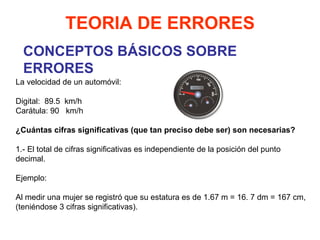 CONCEPTOS BÁSICOS SOBRE ERRORES TEORIA DE ERRORES La velocidad de un automóvil:   Digital:  89.5  km/h Carátula: 90  km/h   ¿Cuántas cifras significativas (que tan preciso debe ser) son necesarias?   1.- El total de cifras significativas es independiente de la posición del punto decimal.   Ejemplo:   Al medir una mujer se registró que su estatura es de 1.67 m = 16. 7 dm = 167 cm, (teniéndose 3 cifras significativas).   
