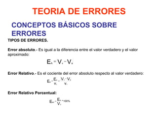 CONCEPTOS BÁSICOS SOBRE ERRORES TEORIA DE ERRORES TIPOS DE ERRORES.   Error absoluto .- Es igual a la diferencia entre el valor verdadero y el valor aproximado:     Error Relativo .- Es el cociente del error absoluto respecto al valor verdadero:       Error Relativo Porcentual:         