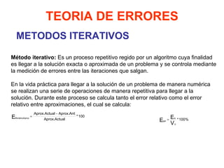 METODOS ITERATIVOS TEORIA DE ERRORES Método iterativo:  Es un proceso repetitivo regido por un algoritmo cuya finalidad es llegar a la solución exacta o aproximada de un problema y se controla mediante la medición de errores entre las iteraciones que salgan.   En la vida práctica para llegar a la solución de un problema de manera numérica se realizan una serie de operaciones de manera repetitiva para llegar a la solución. Durante este proceso se calcula tanto el error relativo como el error relativo entre aproximaciones, el cual se calcula:   