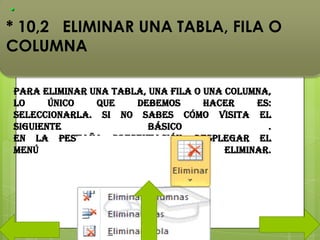 Para eliminar una tabla, una fila o una columna,
lo único que debemos hacer es:
Seleccionarla. Si no sabes cómo visita el
siguiente básico .
En la pestaña Presentación, desplegar el
menú Eliminar.
* 10,2 ELIMINAR UNA TABLA, FILA O
COLUMNA
 