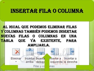 Al igual que podemos eliminar filas
y columnas también podemos insertar
nuevas filas o columnas en una
tabla que ya existente, para
ampliarla.
INSERTAR FILA O COLUMNA
 