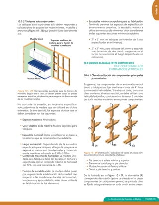 Unidad 10
10.5.2 Tabiques auto soportantes                                    • Escuadrías mínimas aceptables para su fabricación:
Los tabiques auto soportantes sólo deben responder a                  Teniendo presente los aspectos de especificación
solicitaciones de soporte en revestimientos, muebles y                anteriormente descritos, la escuadría mínima a
artefactos (Figura 10 - 28) que pueden fijarse lateralmente           utilizar en este tipo de elementos debe considerarse
a él.                                                                 en las siguientes secciones mínimas aceptables:

            Mueble Mural                                                • 2” x 2” min. en tabiques de viviendas de 1 piso
                                 Soportes auxiliares de
                                madera, para la fijación de               (especificadas en milímetros).
                                 muebles o artefactos
                                                                        • 2” x 3” mín., para tabiques del primer y segundo
                                                                          piso (vivienda de dos pisos), exigencia por el
                                                                          factor de resistencia al fuego (especificada en
                                                                          milímetros).

                                                                 10.6 UNIONES CLAVADAS ENTRE COMPONENTES
                                                                                                QUE CONFORMAN LOS
                                                                                             ENTRAMADOS VERTICALES

                                                                 10.6.1 Clavado o fijación de componentes principales
          Mueble Mural                                                  y secundarios

                                                                 En general, los componentes de un entramado vertical
                                                                 (muro o tabique) se fijan mediante clavos de 4” lisos
Figura 10 – 28: Componentes auxiliares para la fijación de       (corrientes) o helicoidales. Si trabaja al corte, basta con
muebles. Según sea el caso, se deben prever todas las piezas     clavo corriente; si existe tracción, se debe utilizar clavo
necesarias entre los pie derecho para asegurar un buen anclaje   helicoidal o tornillos, considerando a lo menos 2 unidades
de los muebles murales.                                          por cada nudo o encuentro entre piezas componentes:

No obstante lo anterior, es necesario especificar
adecuadamente la madera que se utilizará en dichos
elementos. En este sentido, los aspectos técnicos que se
deben considerar son los siguientes:

  • Especie maderera: Pino radiata.

  • Uso y destino de la madera: Madera cepillada para
    tabiques.

  • Escuadría nominal: Debe establecerse en base a
    los criterios que se recomiendan más adelante.

  • Largo comercial: Dependiendo de la escuadría
    especificada para tabiques, el largo de una pieza se
    expresa en metros con dos decimales y comercial-
    mente puede ser adquirida en 2,40 y 3,20 m.                  Figura 10 – 29: Distribución y colocación de clavos en piezas com-
                                                                 ponentes de un muro soportante o tabique.
  • Contenido máximo de humedad: La madera utili-
    zada para tabiques debe ser secada en cámara y
                                                                    •   Pie derecho a solera inferior y superior
    especificada con un contenido máximo de humedad
                                                                    •   Transversal cortafuego a pie derecho
    del 13%, con una tolerancia de +2%.
                                                                    •   Muchacho a solera inferior y alféizar
                                                                    •   Dintel a pie derecho y jambas
  • Tiempo de estabilización: La madera debe pasar
    por un período de estabilización de humedad, con
                                                                 De lo ilustrado en la Figura 10 - 29, la alternativa (A)
    respecto a las condiciones locales de humedad,               corresponde a la situación óptima de clavado en las piezas
    temperatura y época del año, antes de ser utilizada          componentes de tabiques en general, ya que cada clavo
    en la fabricación de los elementos.                          es fijado ortogonalmente en cada unión entre piezas.




                                                                                            La Construcción de Viviendas en Madera    PAGINA 225
 