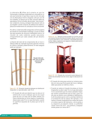 La alternativa (B) difiere de la anterior en que las
             transversales cortafuego (cadenetas) son colocadas en un
             solo eje horizontal, lo que lleva a que la unión de cada
             uno es efectuada en forma ortogonal, sólo por uno de
             sus costados. La fijación por el lado contrario debe ser
             ejecutada en forma inclinada, denominada “clavo lancero”
             (ver unidad de uniones y anclajes). Esta solución sólo es
             aconsejable cuando la fijación de tableros de madera o
             placas de revestimiento es colocada en forma horizontal.

             Por último, la alternativa (C) corresponde a la forma óptima
             de clavado en transversales cortafuego, ya que al utilizar
             dos ejes paralelos de ubicación desfasados entre sí, el
             clavado de cada cadeneta puede ejecutarse
             ortogonalmente por cada costado del pie derecho                  Figura 10 – 31: Tabiques ya estructurados en el primer piso de
             respectivo.                                                      una vivienda. Durante el proceso de clavado y fijación, es primordial
                                                                              el control geométrico como: alineación, verticalidad (plomada),
                                                                              anchos, largos y espesores con respecto al diseño planimétrico
             La fijación del resto de los componentes de un muro o            y altimétrico de la vivienda.
             tabique debe ser realizada siguiendo patrones mínimos
             en cuanto a cantidad y distanciamiento. En esta categoría
             están por ejemplo:




                                                       Clavado alternado
                                                      cada 15cm en toda la
                                                         extención del
                                                           encuentro




                                                                              Figura 10 – 32: Clavado de un encuentro entre tabiques con
                                                                              control de verticalidad (nivel de mano), según la descripción an-
                                                                              terior.

                                                                                 • El clavado de toda pieza vertical en contacto para-
                                                                                   lelo con otra y que forma parte del muro o tabique,
                                                                                   debe ejecutarse con idéntico criterio.

             Figura 10 – 30: Encuentro clavado de tabiques con distribución      • Cuando se realiza el clavado de piezas en forma
             longitudinal en ejes alternados cada 15 cm.                           longitudinal, es decir cada 15 cm en ejes alternados,
                                                                                   no es conveniente que los clavos utilizados traspa-
               • El clavado de todo pie derecho que se ubica en el                 sen ambos componentes que se fijan, pues con
                 extremo de un muro o tabique, que se une a igual                  ello sólo se obtiene como resultado el debilitamien-
                 pieza de otro. En este caso se debe realizar con                  to de las piezas que se unen y una baja resistencia
                 clavos distribuidos en forma regular y longitudinal,              a la extracción de los clavos. Por ejemplo, si se
                 distanciados cada 15 cm en ejes alternados, cuando                realiza el clavado longitudinal de la solera de amarre
                 la superficie expuesta de la pieza que se fija lo                 a la solera superior del elemento, o de la jamba a
                 permite.                                                          su respectivo pie derecho lateral, es preferible
                                                                                   utilizar clavos de 31/2”, que perforar y traspasar
                                                                                   ambas piezas con clavos de 4”.




PAGINA 226   La Construcción de Viviendas en Madera
 