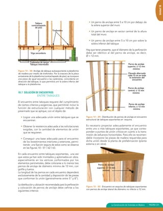 Unidad 10
                 Tablero                                                • Un perno de anclaje entre 5 a 10 cm por debajo de
              contrachapado                                               la solera superior del muro
                 de piso
                                      Tirafondos                        • Un perno de anclaje en sector central de la altura
                                                                          total del muro

                                                                        • Un perno de anclaje entre 5 a 10 cm por sobre la
                                                                          solera inferior del tabique

                                                                      Hay que tener presente, que el diámetro de la perforación
             Viga secundaria                                          debe ser idéntico al del perno de anclaje, es decir,
                                                                      Ø = 12 mm.

             Cadenetas de apoyo
             Tabique intermedio                                                                                   Perno de anclaje
                                                                                                                 superior, φ 12 mm
                                                                                                                      mínimo
Figura 10 – 48: Anclaje de tabique autosoportante a plataforma
de madera por medio de tirafondos. Por la trascara de la placa                                                    Clavado alternado
arriostrante de la plataforma (contrachapado de piso), se incorpora                                               cada 15 cm en toda
                                                                                                                    la extensión del
una pieza de igual escuadría a las cadenetas, coincidente en                                                           encuentro
dirección del tabique, lo que permitirá unir la solera inferior del
tabique a la plataforma.
                                                                                                                  Perno de anclaje
                                                                                                                  central, φ 12 mm
10.7 SOLUCIÓN DE ENCUENTROS                                                                                            mínimo
                     ENTRE TABIQUES

El encuentro entre tabiques requiere del cumplimiento
de ciertos criterios y exigencias, que permitirán incluir la                                                      Perno de anclaje
                                                                                                                  inferior, φ 12 mm
función de estructuración con cualquier método de                                                                       mínimo
prearmado que se aplique, con el objeto de:

   • Lograr una adecuada unión entre tabiques que se                  Figura 10 – 49: Distribución de pernos de anclaje en encuentro
     encuentran.                                                      estructural de tabiques soportantes en esquina.


   • Obtener la resistencia adecuada a las solicitaciones             Es necesario proyectar adecuadamente el encuentro
     exigidas, con la cantidad de elementos de unión                  entre uno o más tabiques soportantes, ya que corres-
     que se requieren.                                                ponden a puntos de unión críticos en cuanto a la trans-
                                                                      misión de esfuerzos horizontales. Para ello es recomen-
   • Conseguir una base adecuada para el encuentro                    dable incorporar las piezas de madera requeridas para
     de los revestimientos interiores y exteriores, permi-            dicha unión desde la planta de prefabricación (planta
     tiendo una fijación segura de estos como se observa              externa o en obra).
     en las figuras 10 - 57 / 62 / 63.

En cada encuentro entre tabiques soportantes, una vez
que estos ya han sido montados y aplomados en obra;
especialmente en los vértices conformados por los
elementos perimetrales, debe colocarse a lo menos tres
                                                                                  Perno de anclaje
pernos de anclaje de diámetro mínimo de 12 mm, con
                                                                                 superior, Ø 12 mm
golilla y tuerca.                                                                     mínimo
La longitud de los pernos en cada encuentro dependerá
exclusivamente de la cantidad y disposición de las piezas
que conforman la unión (generalmente entre 5” y 8”).

La distribución y ubicación recomendada para la perforación
                                                                      Figura 10 - 50: Encuentro en esquina de tabiques soportantes
y colocación de pernos de anclaje debe ceñirse a los
                                                                      con pernos de anclaje lateral de diámetro no inferior a 12 mm.
siguientes criterios:




                                                                                               La Construcción de Viviendas en Madera   PAGINA 231
 