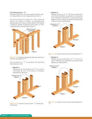 10.7.3 Encuentro en “T”                                          • Solución 2
             Es aquel en que dos o más entramados verticales, sean              Tabique que se une en “T” de forma encastrada a
             o no soportantes, se unen ortogonalmente entre sí.                 otros dos colindantes. Es aplicable en encuentros
                                                                                entre tabiques soportantes y autosoportantes,
             Tal como se ilustra en la Figura 10 - 58, la solera de             dejando al mismo tiempo la superficie necesaria para
             amarre del tabique 2 (interior, por ejemplo) debe                  la fijación de los revestimientos.
             apoyarse para ser unida a la solera superior del tabique
             1 (exterior), detalle fundamental para lograr un buen             Encuentro en “T”,
                                                                                  solución 2
             comportamiento estructural del conjunto.
                                             Solera de amarre
                Tabique 2
                                                traslapada




                                                                                                                         Tabique 2




                                                                                                   Tabique 1



                                                      Tabique 1
                                                                            Figura 10 - 60: Solución 2 para encuentro de 3 tabiques en “T”.

             Figura 10 – 58: Empalme alternado de soleras de amarre en un     • Solución 3
             encuentro de tabiques en “T”.                                      Tabique que se une de tope y en “T” a otro en un
                                                                                sector intermedio. Es aplicable en encuentros entre
             Para encuentros en “T” se presentan las siguientes                 tabiques autosoportantes.
             alternativas de unión:
                                                                              Encuentro en “T”,
                • Solución 1                                                     solución 3
                  Tabique que se une de tope y en “T” en un sector
                  intermedio de otro. Es utilizable en tabiques
                  soportantes y divisorios.

                Encuentro en “T”,
                   solución 1




                                                                Tabique 1                                                Tabique 2




                                                                                                   Tabique 1


                                    Tabique 2


                                                                            Figura 10 – 61: Solución 3 para encuentro de dos tabiques en
             Figura 10 – 59: Solución 1 para encuentro “T” de tope para     “T”.
             dos tabiques.




PAGINA 234   La Construcción de Viviendas en Madera
 
