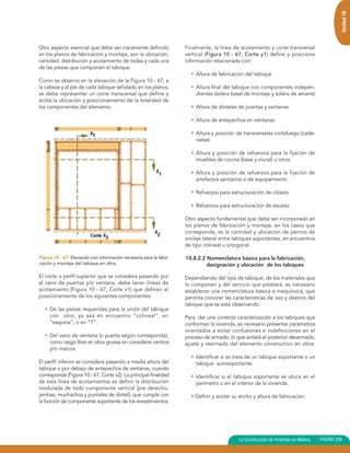 Unidad 10
Otro aspecto esencial que debe ser claramente definido               Finalmente, la línea de acotamiento y corte transversal
en los planos de fabricación y montaje, son la ubicación,            vertical (Figura 10 - 67, Corte y1) define y posiciona
cantidad, distribución y acotamiento de todas y cada una             información relacionada con:
de las piezas que componen el tabique.
                                                                       • Altura de fabricación del tabique
Como se observa en la elevación de la Figura 10 - 67, a
la cabeza y al pie de cada tabique señalado en los planos,             • Altura final del tabique con componentes indepen-
se debe representar un corte transversal que define y                    dientes (solera basal de montaje y solera de amarre)
acota la ubicación y posicionamiento de la totalidad de
los componentes del elemento.                                          • Altura de dinteles de puertas y ventanas

                                                                       • Altura de antepechos en ventanas

                                                                       • Altura y posición de transversales cortafuego (cade-
                                                                         netas)

                                                                       • Altura y posición de refuerzos para la fijación de
                                                                         muebles de cocina (base y mural) u otros

                                                                       • Altura y posición de refuerzos para la fijación de
                                                                         artefactos sanitarios o de equipamiento

                                                                       • Refuerzos para estructuración de clósets

                                                                       • Refuerzos para estructuración de escalas

                                                                     Otro aspecto fundamental que debe ser incorporado en
                                                                     los planos de fabricación y montaje, en los casos que
                                                                     corresponda, es la cantidad y ubicación de pernos de
                                                                     anclaje lateral entre tabiques soportantes, en encuentros
                                                                     de tipo colineal u ortogonal.

Figura 10 - 67: Elevación con información necesaria para la fabri-   10.8.2.2 Nomenclatura básica para la fabricación,
cación y montaje del tabique en obra.                                         designación y ubicación de los tabiques

El corte o perfil superior que se considera pasando por              Dependiendo del tipo de tabique, de los materiales que
el vano de puertas y/o ventana, debe tener líneas de                 lo componen y del servicio que prestará, es necesario
acotamiento (Figura 10 - 67, Corte x1) que definan el                establecer una nomenclatura básica e inequívoca, que
posicionamiento de los siguientes componentes:                       permita conocer las características de uso y destino del
                                                                     tabique que se está observando.
   • De las piezas requeridas para la unión del tabique
     con otro, ya sea en encuentro “colineal”, en                    Para dar una correcta caracterización a los tabiques que
     “esquina”, o en “T”.                                            conforman la vivienda, es necesario presentar parámetros
                                                                     orientados a evitar confusiones e indefiniciones en el
   • Del vano de ventana (o puerta según corresponda),               proceso de armado, lo que evitará el posterior desarmado,
     como rasgo libre en obra gruesa sin considerar centros          ajuste y rearmado del elemento constructivo en obra:
     y/o marcos.
                                                                       • Identificar si se trata de un tabique soportante o un
El perfil inferior se considera pasando a media altura del               tabique autosoportante.
tabique o por debajo de antepechos de ventanas, cuando
corresponda (Figura 10 - 67, Corte x2). La principal finalidad         • Identificar si el tabique soportante se ubica en el
de esta línea de acotamientos es definir la distribución                 perímetro o en el interior de la vivienda.
modulada de todo componente vertical (pie derecho,
jambas, muchachos y puntales de dintel), que cumple con                • Definir y acotar su ancho y altura de fabricación.
la función de componente soportante de los revestimientos.




                                                                                            La Construcción de Viviendas en Madera   PAGINA 239
 