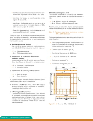 • Identificar a qué nivel corresponde el elemento cons-      f) Identificación de piso o nivel
                 tructivo, sea soportante o no (si es de 1° o 2° piso).     Consiste en establecer la ubicación del elemento
                                                                            constructivo cuando se trate de viviendas de dos pisos o
               • Identificar si el tabique se especifica en dos o más       más:
                 lugares de la vivienda.
                                                                              • (1) = Muros o tabique de primer piso
               • Identificar si el tabique se repite en otro sector de la     • (2) = Muros o tabique de segundo piso
                 vivienda, pero en forma invertida o abatido en 180°,
                 sobre uno de sus ejes de simetría.                         A continuación, se presentan algunos ejemplos para la
                                                                            identificación de tabiques de acuerdo al método descrito:
               • Especificar si existe alguna condición especial en el
                 proceso de fabricación y/o montaje.                        Caso 1: Tabique soportante perimetral ventana
                                                                                    TSPv1– 2400x2360a-(1)
             Como una forma de establecer un ordenamiento mínimo
             y una caracterización resumida y precisa de un tabique en      Corresponde a las siguientes características de fabricación
             la etapa de diseño, se deberá tomar en cuenta la siguiente     e identificación:
             nomenclatura básica.
                                                                              • Tabique soportante perimetral (el tablero estructural
             a) Nombre genérico del tabique                                     especificado va fijado en la cara del elemento a la
                Si se trata de un tabique soportante o autosoportante,          vista en la elevación respectiva): TSP
                éste deberá identificarse según el siguiente esquema:
                                                                              • Contiene vano de ventana tipo “v1”
               • TS = Tabique soportante
               • TA = Tabique autosoportante                                  • El ancho del elemento es de 2.400 mm.

             b) Identificación de la ubicación del elemento                   • La altura del elemento es de 2.360 mm.
                (interior o exterior)
                 Independiente del tipo de función (estructural o no),        • El elemento es de tipo “a”
                 debe identificarse su ubicación o zona de servicio:
                                                                              • El elemento es de primer piso (1)
               • P = Perimetral o a la intemperie
               • I = Ubicación interior

             c) Identificación de vano de puerta o ventana

               • vn = Vano de ventana
               • pn = Vano de puerta

             El subíndice n debe indicar el número correlativo o tipo
             de ventana o puerta según corresponda.

             d) Definición o medida del ancho y altura del tabique
                Ancho y altura del tabique expresado en milímetros.
                Por ejemplo: 2.400 x 2.359 mm.

             e) Subíndice por tabique similar
                Consiste en incorporar un subíndice a, b, c, etc. después
                de expresada su dimensión en milímetros, cuando se
                requiera caracterizar un tabique similar a uno anterior,
                pero que presenta diferencias en el posicionamiento
                o cantidad de piezas en el armado de uno o más de
                sus componentes.
                                                                            Figura 10 – 68: Elemento TSPv1 -2400x2360a-(1)




PAGINA 240   La Construcción de Viviendas en Madera
 