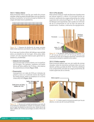 10.3.1.1 Solera inferior                                                10.3.1.2 Pie derecho
             Pieza horizontal inferior que fija, por medio de uniones                Pieza vertical unida por medio de fijaciones clavadas entre
             clavadas, todas las piezas verticales tales como pie derecho,           las soleras superior e inferior. Su principal función es
             jambas y muchachos. Su función principal es distribuir las              transmitir axialmente las cargas provenientes de niveles
             cargas verticales hacia la plataforma.                                  superiores de la estructura (Figura 10 - 7). En el caso de
                                                                                     los tabiques auto-soportantes, sólo cumple con la función
                                                                                     de ser el componente al cual se fijan las placas de
                                                                                     revestimiento, muebles o elementos de equipamiento.




                                                                                                                                       Plataforma
                                                                                                                                       de madera
                                                                                        Pie derecho




                                                                                                  Friso



             Figura 10 - 7: Esquema de distribución de cargas verticales                     Rollizo 9” a 10”
             desde niveles superiores a pie derecho, y de estos a solera inferior.            impregnados


             En el caso que la solera inferior del tabique vaya anclada
                                                                                     Figura 10 - 9: Pie derecho, piezas verticales de escuadría 2” x
             sobre una plataforma de hormigón, dicha pieza debe
                                                                                     3” (41 mm por 65 mm) o 2” x 4” (41 mm por 90 mm), que
             cumplir con dos requisitos básicos para garantizar su                   conforman en este caso el tabique soportante perimetral que
             resistencia y durabilidad:                                              se encuentra montado en plataforma de madera.

                • Aislación de la humedad:                                           10.3.1.3 Solera superior
                  Que proviene del contacto directo con la superficie                Pieza horizontal superior que une, por medio de uniones
                  de hormigón. Por ejemplo, mediante una doble                       clavadas, todos los elementos verticales tales como pie
                  lámina de fieltro asfáltico de 15 libras u otro sistema            derecho, jambas y puntales de dintel. Transmite y distribuye
                  de características similares (Figura 10-8).
                                                                                     a los componentes verticales las cargas provenientes de
                                                                                     niveles superiores de la vivienda.
                • Preservación:
                  Impregnación con sales de CCA por métodos de
                  presión y vacío a un contenido mínimo de 4 kg/m3
                  de óxidos activos, según se establece en la norma
                  chilena NCh 819 (Figura 10-8).                                        Solera superior

                                             Radier reforzado malla
                                                electro-soldada
                 Doble lámina de fieltro
                   asfáltico de 15 lb



                Barrera de humedad
                    (polietileno )




                                                              Solera inferior        Figura 10 - 10: Solera superior de igual escuadría que los pie
                                                                                     derecho, en este caso de muros perimetrales.
             Figura 10 – 8: Barrera de humedad (polietileno) que aísla de
             la humedad por capilaridad en contacto con el terreno al radier
             de hormigón de plataforma del primer piso. Doble lámina de
             fieltro asfáltico de 15 libras que protege a la solera inferior del
             tabique.




PAGINA 216   La Construcción de Viviendas en Madera
 