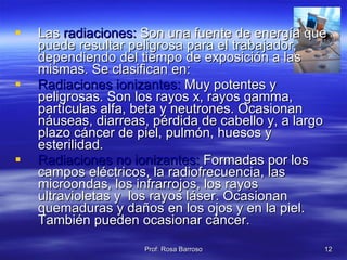 Las  radiaciones:  Son una fuente de energía que puede resultar peligrosa para el trabajador, dependiendo del tiempo de exposición a las mismas. Se clasifican en: Radiaciones ionizantes:  Muy potentes y peligrosas. Son los rayos x, rayos gamma, partículas alfa, beta y neutrones. Ocasionan náuseas, diarreas, pérdida de cabello y, a largo plazo cáncer de piel, pulmón, huesos y esterilidad. Radiaciones no ionizantes:  Formadas por los campos eléctricos, la radiofrecuencia, las microondas, los infrarrojos, los rayos ultravioletas y  los rayos láser. Ocasionan quemaduras y daños en los ojos y en la piel. También pueden ocasionar cáncer. 