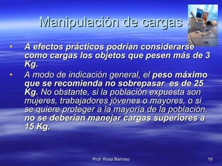 Manipulación de cargas A efectos prácticos podrían considerarse como cargas los objetos que pesen más de 3 Kg.   A modo de indicación general, el  peso máximo que se recomienda no sobrepasar  es de 25 Kg.  No obstante, si la población expuesta son mujeres, trabajadores jóvenes o mayores, o si se quiere proteger a la mayoría de la población,  no se deberían manejar cargas superiores a 15 Kg. 