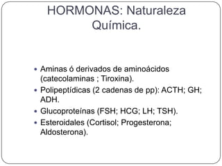 HORMONAS: Naturaleza
        Química.


 Aminas ó derivados de aminoácidos
  (catecolaminas ; Tiroxina).
 Polipeptídicas (2 cadenas de pp): ACTH; GH;
  ADH.
 Glucoproteínas (FSH; HCG; LH; TSH).
 Esteroidales (Cortisol; Progesterona;
  Aldosterona).
 
