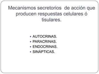 Mecanismos secretorios de acción que
  producen respuestas celulares ó
             tisulares.


         AUTOCRINAS.
         PARACRINAS.
         ENDOCRINAS.
         SINÁPTICAS.
 