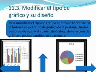 11.3. Modificar el tipo de
gráfico y su diseño
 Para modificar el tipo de gráfico hemos de hacer clic en
el botón Cambiar tipo de gráfico de la pestaña Diseño.
Se abrirá de nuevo el cuadro de diálogo de selección de
gráfico y podrás cambiar su apariencia.
 