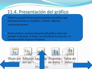 11.4. Presentación del gráfico
 Desde la pestaña Presentación podemos modificar qué
elementos incluir en el gráfico y dónde. Algunas
características son:
 Poder ocultar o mostrar etiquetas del gráfico como por
ejemplo la leyenda, el título, los rótulos de los ejes, etc. Lo
haremos desde el grupo Etiquetas.
 