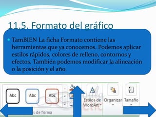 11,5. Formato del gráfico
 TamBIEN La ficha Formato contiene las
herramientas que ya conocemos. Podemos aplicar
estilos rápidos, colores de relleno, contornos y
efectos. También podemos modificar la alineación
o la posición y el año.
 
