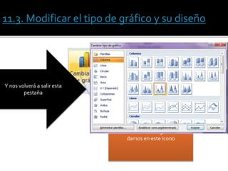 11.3. Modificar el tipo de gráfico y su diseño
Para modificar el grafico le
damos en este icono
Y nos volverá a salir esta
pestaña
 