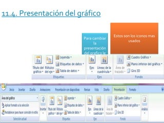 11.4. Presentación del gráfico
Para cambiar
la
presentación
del grafico le
damos clic
en diseño
Estos son los iconos mas
usados
 