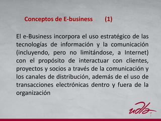 3
El e-Business incorpora el uso estratégico de las
tecnologías de información y la comunicación
(incluyendo, pero no limitándose, a Internet)
con el propósito de interactuar con clientes,
proyectos y socios a través de la comunicación y
los canales de distribución, además de el uso de
transacciones electrónicas dentro y fuera de la
organización
Conceptos de E-business (1)
 