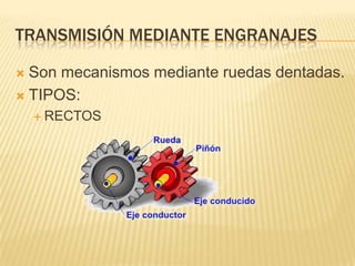 Transmisión mediante engranajesSon mecanismos mediante ruedas dentadas.TIPOS:RECTOS