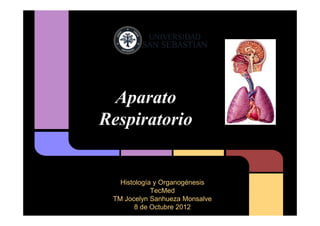 Aparato
Respiratorio


   Histología y Organogénesis
             TecMed
 TM Jocelyn Sanhueza Monsalve
        8 de Octubre 2012
 