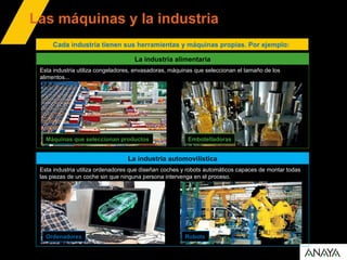 Las máquinas y la industria
Cada industria tienen sus herramientas y máquinas propias. Por ejemplo:
La industria alimentaria
Esta industria utiliza congeladores, envasadoras, máquinas que seleccionan el tamaño de los
alimentos...
Máquinas que seleccionan productos Embotelladoras
La industria automovilística
Esta industria utiliza ordenadores que diseñan coches y robots automáticos capaces de montar todas
las piezas de un coche sin que ninguna persona intervenga en el proceso.
Ordenadores Robots
 