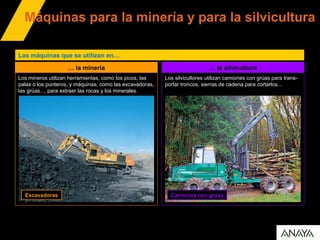 Máquinas para la minería y para la silvicultura
Las máquinas que se utilizan en…
… la minería
Los mineros utilizan herramientas, como los picos, las
palas o los punteros, y máquinas, como las excavadoras,
las grúas..., para extraer las rocas y los minerales.
Excavadoras
… la silvicultura
Los silvicultores utilizan camiones con grúas para trans-
portar troncos, sierras de cadena para cortarlos...
Camiones con grúas
 