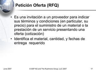 Petición Oferta (RFQ) Es una invitación a un proveedor para indicar sus términos y condiciones (en particular, su precio) para el suministro de un material o la prestación de un servicio presentando una oferta (cotización) Identifica el material, cantidad, y fechas de entrega  requerido June 2007 © SAP AG and The Rushmore Group, LLC 2007 