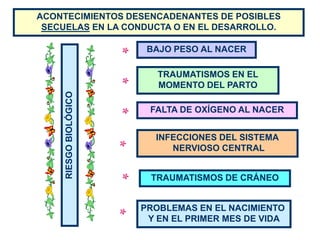 ACONTECIMIENTOS DESENCADENANTES DE POSIBLES
 SECUELAS EN LA CONDUCTA O EN EL DESARROLLO.

                         BAJO PESO AL NACER

                           TRAUMATISMOS EN EL
                           MOMENTO DEL PARTO
     RIESGO BIOLÓGICO



                         FALTA DE OXÍGENO AL NACER


                          INFECCIONES DEL SISTEMA
                             NERVIOSO CENTRAL


                         TRAUMATISMOS DE CRÁNEO


                        PROBLEMAS EN EL NACIMIENTO
                         Y EN EL PRIMER MES DE VIDA
 