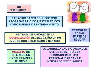 NO
CONFUNDIR…


  LAS ACTIVIDADES DE JUEGO CON
PROGRAMAS RÍGIDOS, ESTABLECIDOS
 COMO RUTINAS DE ENTRENAMIENTO

                                      ESTIMULAR
                                        FORMA
    SE TRATA DE FAVORECER LA
                                       PARTE DE
SOCIALIZACIÓN DEL BEBÉ-NIÑO EN UN
                                        EDUCAR
 MUNDO CON SIGNIFICADO Y SENTIDO

                     DESARROLLA LAS CAPACIDADES
  PROCESO DE             QUE LE PERMITIRÁN LA
 INTERACCIÓN              FORMACIÓN DE UNA
ENTRE EL NIÑO Y          PERSONALIDAD SANA E
   SU MEDIO            INTEGRADA SOCIALMENTE.
 