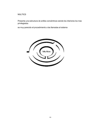 30	
MULTICS
Presenta una estructura de anillos concéntricos siendo los interiores los mas
privilegiados
es muy parecido el procedimiento a las llamadas al sistema
 