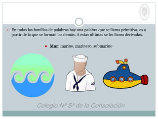  En todas las familias de palabras hay una palabra que se llama primitiva, es a
partir de la que se forman las demás. A estas últimas se les llama derivadas.
Mar: marino, marinero, submarino
 