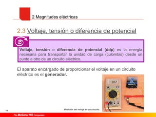 11
2.3 Voltaje, tensión o diferencia de potencial
El aparato encargado de proporcionar el voltaje en un circuito
eléctrico es el generador.
Medición del voltaje en un circuito.
2 Magnitudes eléctricas
Voltaje, tensión o diferencia de potencial (ddp) es la energía
necesaria para transportar la unidad de carga (culombio) desde un
punto a otro de un circuito eléctrico.
 