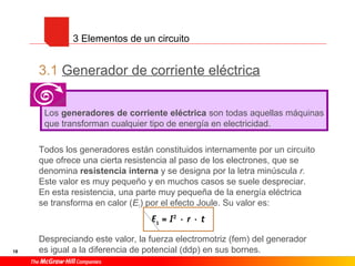 18
3.1 Generador de corriente eléctrica
Todos los generadores están constituidos internamente por un circuito
que ofrece una cierta resistencia al paso de los electrones, que se
denomina resistencia interna y se designa por la letra minúscula r.
Este valor es muy pequeño y en muchos casos se suele despreciar.
En esta resistencia, una parte muy pequeña de la energía eléctrica
se transforma en calor (E1) por el efecto Joule. Su valor es:
Despreciando este valor, la fuerza electromotriz (fem) del generador
es igual a la diferencia de potencial (ddp) en sus bornes.
3 Elementos de un circuito
Los generadores de corriente eléctrica son todas aquellas máquinas
que transforman cualquier tipo de energía en electricidad.
 