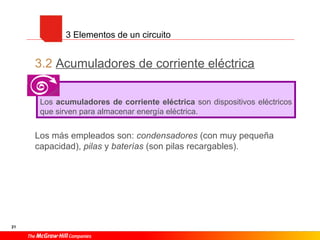 21
3.2 Acumuladores de corriente eléctrica
Los más empleados son: condensadores (con muy pequeña
capacidad), pilas y baterías (son pilas recargables).
3 Elementos de un circuito
Los acumuladores de corriente eléctrica son dispositivos eléctricos
que sirven para almacenar energía eléctrica.
 