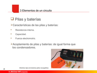 25
 Pilas y baterías
Características de las pilas y baterías:
 Resistencia interna.
 Capacidad.
 Fuerza electromotriz.
Acoplamiento de pilas y baterías: de igual forma que
los condensadores.
3 Elementos de un circuito
Distintos tipos de baterías (pilas recargables).
 