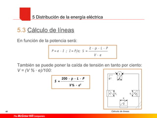 41
5.3 Cálculo de líneas
En función de la potencia será:
También se puede poner la caída de tensión en tanto por ciento:
V = (V % · e)/100:
Cálculo de líneas.
5 Distribución de la energía eléctrica
 