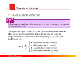 8
2.2 Resistencia eléctrica
Se representa por la letra R y se expresa en ohmios u ohms
(Ω). La resistencia eléctrica depende del tipo de material
empleado como conductor, de su longitud y de su sección.
La fórmula es:
2 Magnitudes eléctricas
Resistencia eléctrica es la oposición que ofrece un cuerpo al paso de
la corriente eléctrica.
 