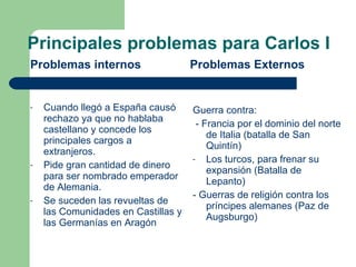 Principales problemas para Carlos I Problemas internos Cuando llegó a España causó rechazo ya que no hablaba castellano y concede los principales cargos a extranjeros. Pide gran cantidad de dinero para ser nombrado emperador de Alemania. Se suceden las revueltas de las Comunidades en Castillas y las Germanías en Aragón Problemas Externos Guerra contra: - Francia por el dominio del norte de Italia (batalla de San Quintín) Los turcos, para frenar su expansión (Batalla de Lepanto) - Guerras de religión contra los príncipes alemanes (Paz de Augsburgo) 