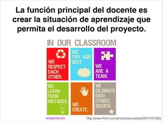 La función principal del docente es
crear la situación de aprendizaje que
permita el desarrollo del proyecto.
http://www.ﬂickr.com/photos/venosdale/5974107265/
 