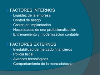 FACTORES INTERNOSLiquidez de la empresaControl de riesgoCostos de implantaciónNecesidades de una profesionalizaciónEntrenamiento y modernización contableFACTORES EXTERNOSInestabilidad de mercado financierosPolicía fiscalAvances tecnológicosComportamiento de la mercadotecnia