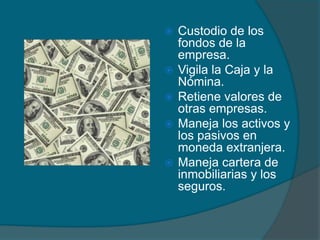 Custodio de los fondos de la empresa.Vigila la Caja y la Nómina.Retiene valores de otras empresas.Maneja los activos y los pasivos en moneda extranjera.Maneja cartera de inmobiliarias y los seguros.
