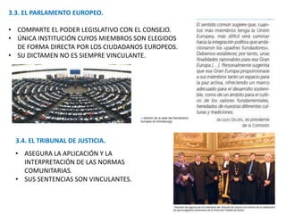 3.3. EL PARLAMENTO EUROPEO.
• COMPARTE EL PODER LEGISLATIVO CON EL CONSEJO.
• ÚNICA INSTITUCIÓN CUYOS MIEMBROS SON ELEGIDOS
DE FORMA DIRECTA POR LOS CIUDADANOS EUROPEOS.
• SU DICTAMEN NO ES SIEMPRE VINCULANTE.
3.4. EL TRIBUNAL DE JUSTICIA.
• ASEGURA LA APLICACIÓN Y LA
INTERPRETACIÓN DE LAS NORMAS
COMUNITARIAS.
• SUS SENTENCIAS SON VINCULANTES.
 
