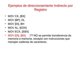 Ejemplos de direccionamiento Indirecto por Registro MOV CX, [BX] MOV [BP], DL MOV [DI], BH MOV AL, [EDX] MOV ECX, [EBX] MOV [DI], [BX] ;?? NO se permite transferencia de memoria a memoria, excepto con instrucciones que manejan cadenas de caracteres. 