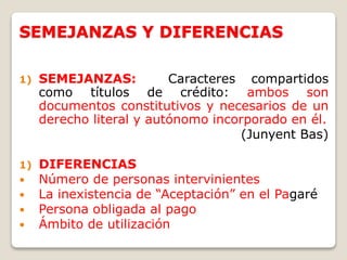 SEMEJANZAS Y DIFERENCIAS
1) SEMEJANZAS: Caracteres compartidos
como títulos de crédito: ambos son
documentos constitutivos y necesarios de un
derecho literal y autónomo incorporado en él.
(Junyent Bas)
1) DIFERENCIAS
 Número de personas intervinientes
 La inexistencia de “Aceptación” en el Pagaré
 Persona obligada al pago
 Ámbito de utilización
 