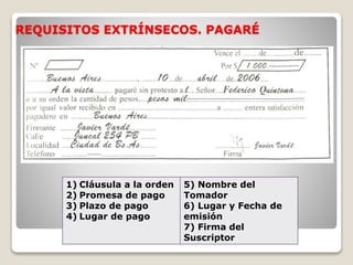 REQUISITOS EXTRÍNSECOS. PAGARÉ
1) Cláusula a la orden
2) Promesa de pago
3) Plazo de pago
4) Lugar de pago
5) Nombre del
Tomador
6) Lugar y Fecha de
emisión
7) Firma del
Suscriptor
 