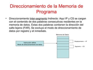 Direccionamiento de la Memoria de Programa Direccionamiento  Inter-segmento  Indirecto: Aqui IP y CS se cargan con el contenido de dos palabras consecutivas residentes en la memoria de datos. Estas dos palabras contienen la direcci ó n del salto lejano (FAR). Se excluye el modo de direccionamiento de datos por registro y el inmediato. Instrucción define Modo de direccionamiento de datos Memoria de Datos Desplazamiento  -> IP Segmento  -> CS 