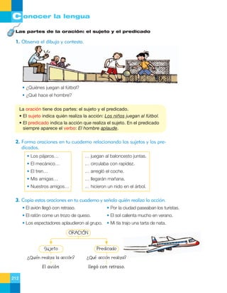 C onocer la lengua
Las partes de la oración: el sujeto y el predicado

1. Observa el dibujo y contesta.

• ¿Quiénes juegan al fútbol?
• ¿Qué hace el hombre?
La oración tiene dos partes: el sujeto y el predicado.
• El sujeto indica quién realiza la acción: Los niños juegan al fútbol.
• El predicado indica la acción que realiza el sujeto. En el predicado
siempre aparece el verbo: El hombre aplaude.

2. Forma oraciones en tu cuaderno relacionando los sujetos y los predicados.
• Los pájaros…

… juegan al baloncesto juntas.

• El mecánico…

… circulaba con rapidez.

• El tren…

… arregló el coche.

• Mis amigas…

… llegarán mañana.

• Nuestros amigos…

… hicieron un nido en el árbol.

3. Copia estas oraciones en tu cuaderno y señala quién realiza la acción.
• El avión llegó con retraso.

• Por la ciudad paseaban los turistas.

• El ratón come un trozo de queso.

• El sol calienta mucho en verano.

• Los espectadores aplaudieron al grupo. • Mi tía trajo una tarta de nata.

ORACIÓN
Sujeto
¿Quién realiza la acción?

¿Qué acción realiza?

El avión
212

Predicado
llegó con retraso.

 