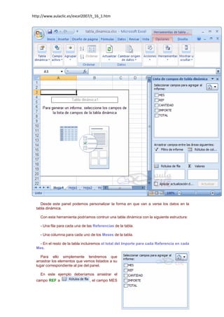 http://www.aulaclic.es/excel2007/t_16_1.htm

Desde este panel podemos personalizar la forma en que van a verse los datos en la
tabla dinámica.
Con esta herramienta podríamos contruir una tabla dinámica con la siguiente estructura:
- Una fila para cada una de las Referencias de la tabla.
- Una columna para cada uno de los Meses de la tabla.
- En el resto de la tabla incluiremos el total del Importe para cada Referencia en cada
Mes.
Para ello simplemente tendremos que
arrastrar los elementos que vemos listados a su
lugar correspondiente al pie del panel.
En este ejemplo deberíamos arrastrar el
campo REF a

, el campo MES

 